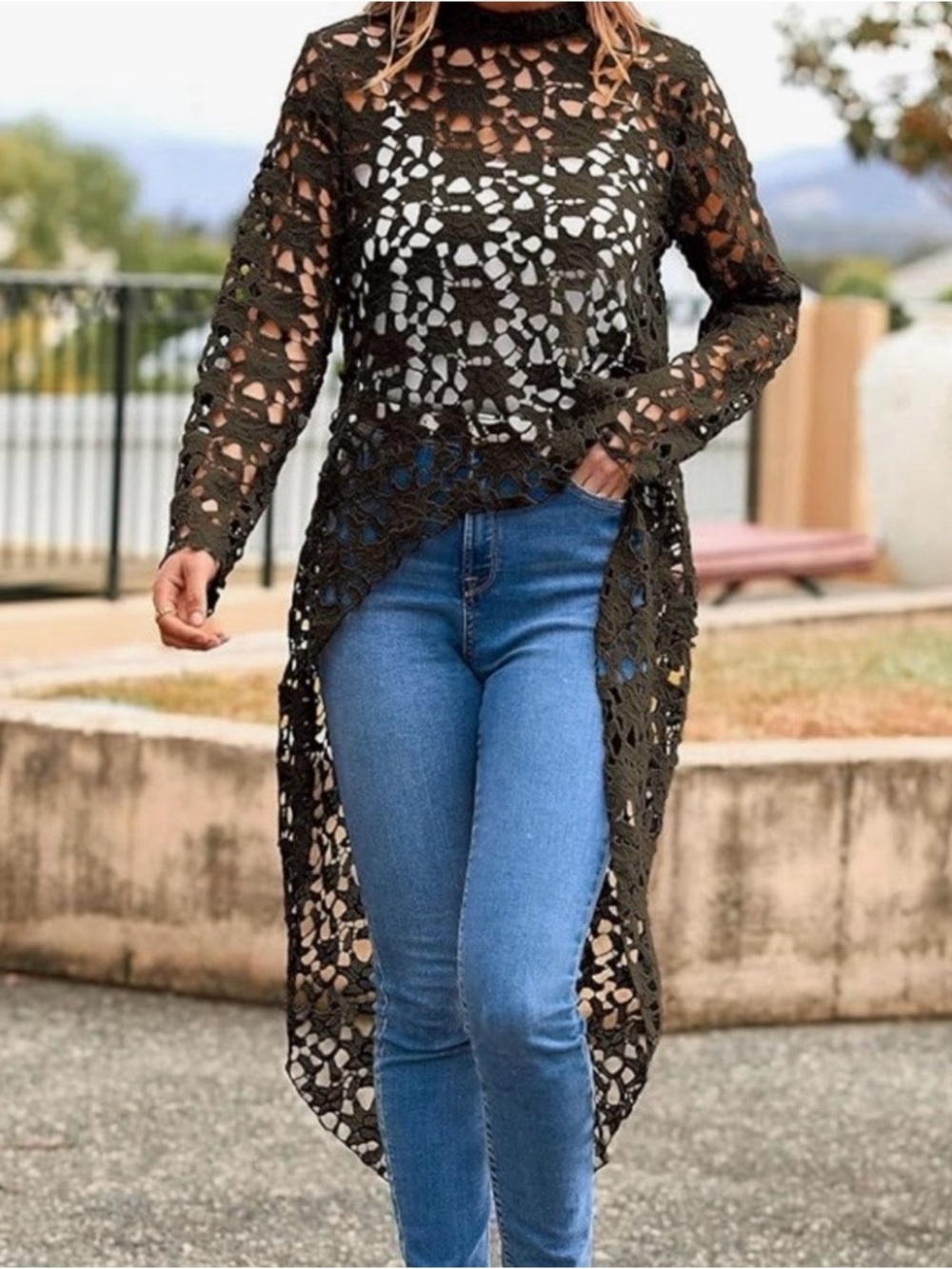 Black Crochet Lace Long Sleeve Over Shirt - High Low